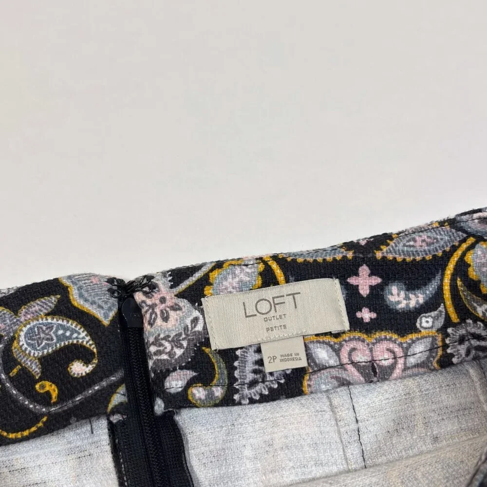 Ann Taylor Loft Black Yellow Paisley Print Cotton Pique Pencil Skirt - 2 Petite - Picture 4 of 7